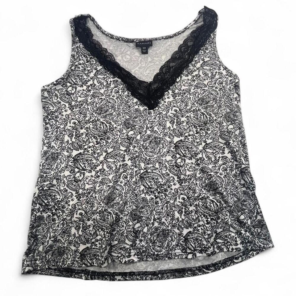 Tahari Black White Floral Print Pajama Top Soft Sleepwear Women's Size M